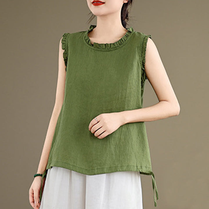 Chaleco sin mangas de algodón y lino para mujer, con cuello redondo, diseño de volantes y cordón ajustable, de Buddha Stones, para verano - image 1