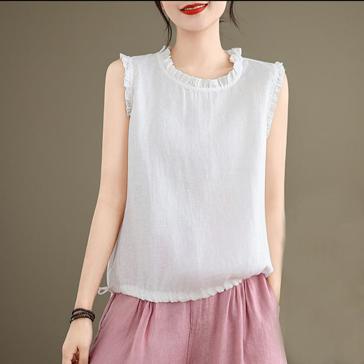 Chaleco sin mangas de algodón y lino para mujer, con cuello redondo, diseño de volantes y cordón ajustable, de Buddha Stones, para verano - image 22