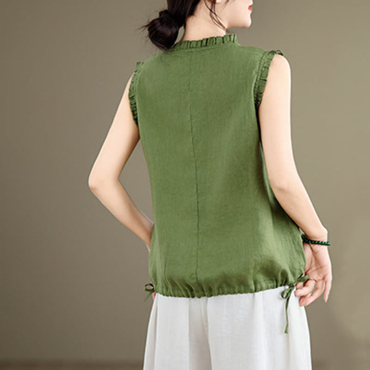 Chaleco sin mangas de algodón y lino para mujer, con cuello redondo, diseño de volantes y cordón ajustable, de Buddha Stones, para verano - image 3