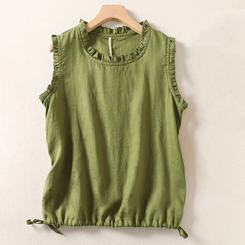Chaleco sin mangas de algodón y lino para mujer, con cuello redondo, diseño de volantes y cordón ajustable, de Buddha Stones, para verano - image 13