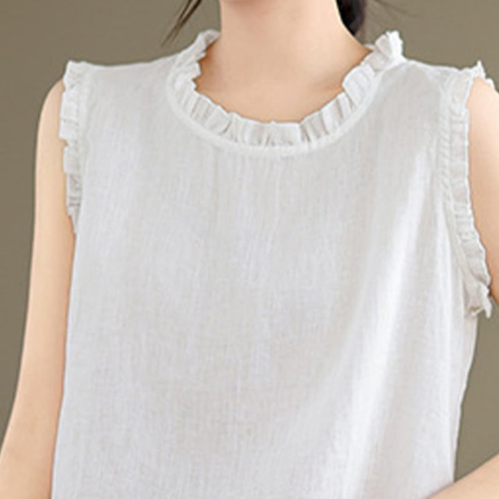 Chaleco sin mangas de algodón y lino para mujer, con cuello redondo, diseño de volantes y cordón ajustable, de Buddha Stones, para verano - image 26