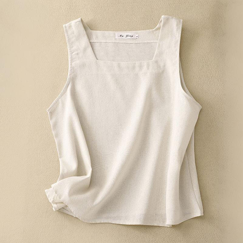 Chaleco sin mangas de lino y algodón con cuello cuadrado de verano para mujer con Buddha Stones - Beige - US8-10，UK/AU12-14，EU40-42 (2XL) - image 4