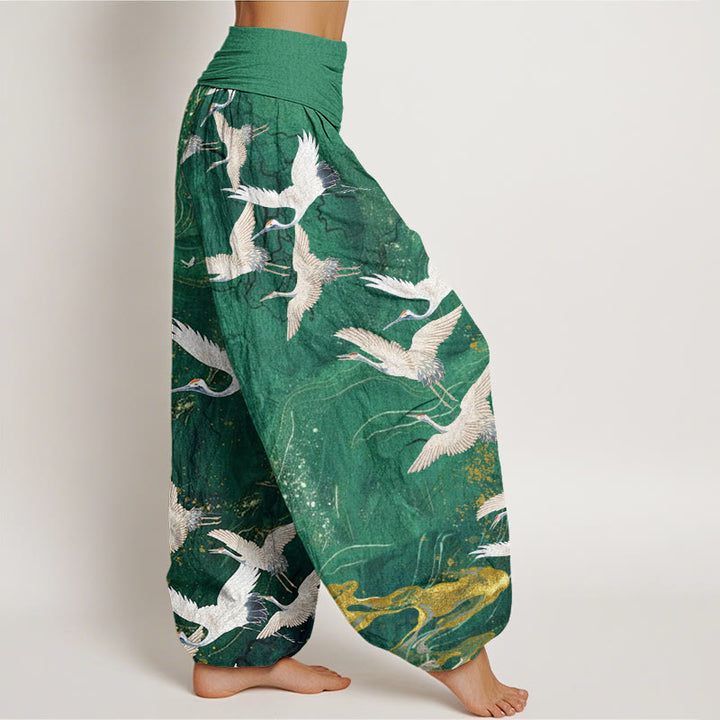 Pantalones harén de cintura elástica para mujer con diseño de grullas blancas voladoras y nubes auspiciosas - image 2