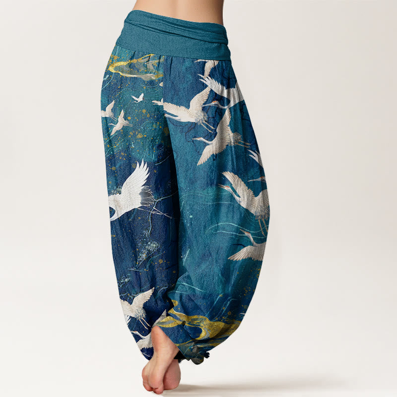 Pantalones harén de cintura elástica para mujer con diseño de grullas blancas voladoras y nubes auspiciosas - image 5
