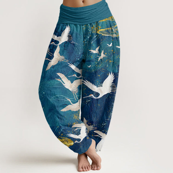 Pantalones bombachos de cintura elástica para mujer con diseño de Buddha Stones , grullas blancas voladoras y nubes auspiciosas. - Cian oscuro - US22，UK/AU26，EU54 (6XL) - image 4