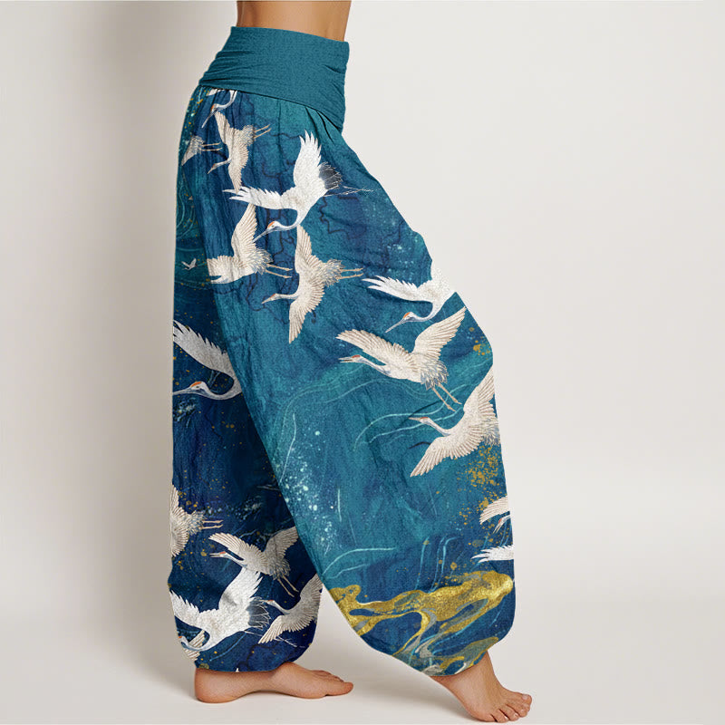 Pantalones harén de cintura elástica para mujer con diseño de grullas blancas voladoras y nubes auspiciosas - image 6