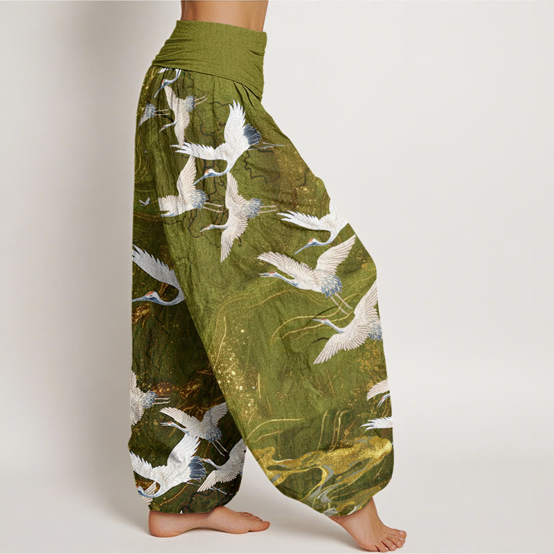 Pantalones harén de cintura elástica para mujer con diseño de grullas blancas voladoras y nubes auspiciosas - image 10