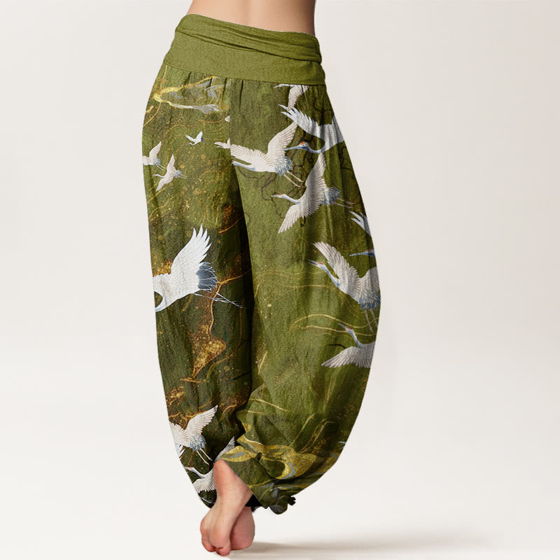 Pantalones harén de cintura elástica para mujer con diseño de grullas blancas voladoras y nubes auspiciosas - image 8