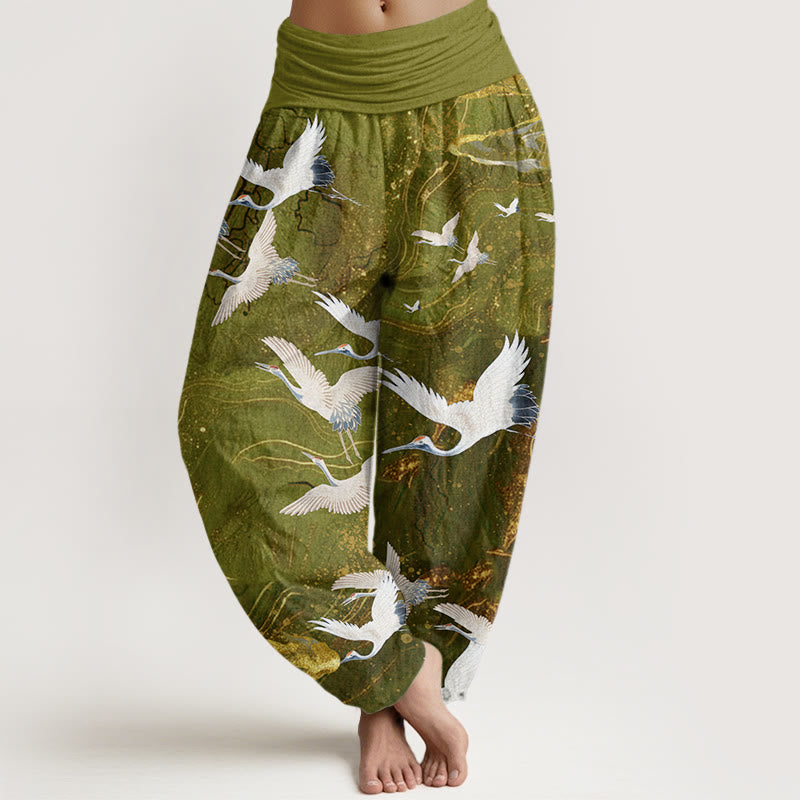 Pantalones harén de cintura elástica para mujer con diseño de grullas blancas voladoras y nubes auspiciosas - Verde amarillento - US22，UK/AU26，EU54 (6XL) - image 7