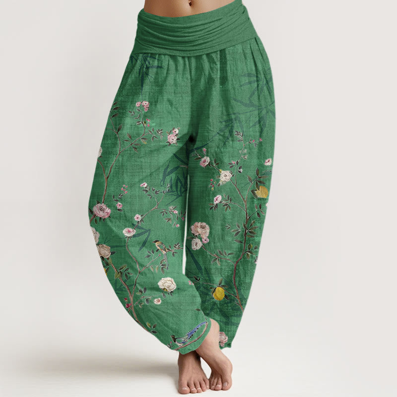 Pantalones harén con cintura elástica para mujer, con diseño de Buddha Stones, flores blancas y rosas, hojas de bambú y frutas. - Verde primavera - US22，UK/AU26，EU54 (6XL) - image 4