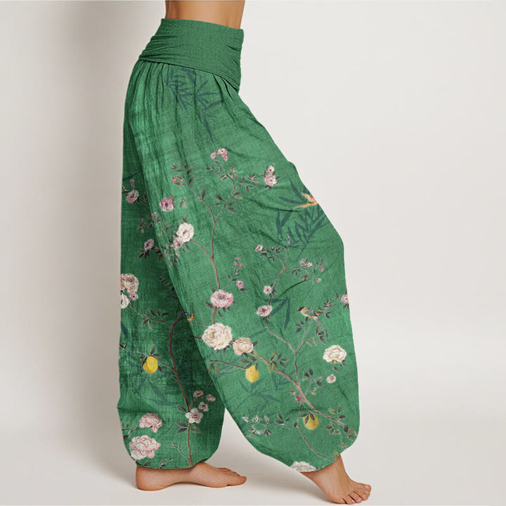 Pantalones harén con cintura elástica para mujer, con diseño de Buddha Stones, flores blancas y rosas, hojas de bambú y frutas. - image 6