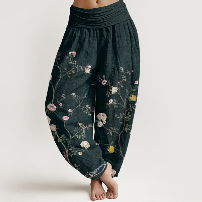 Pantalones harén con cintura elástica para mujer, con diseño de Buddha Stones, flores blancas y rosas, hojas de bambú y frutas. - Negro - US22，UK/AU26，EU54 (6XL) - image 7
