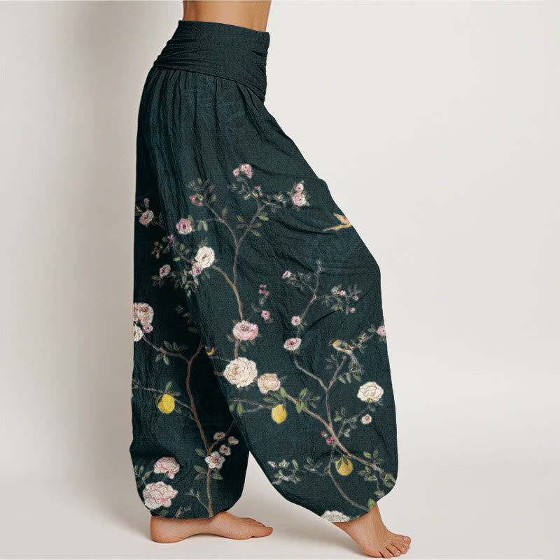 Pantalones harén con cintura elástica para mujer, con diseño de Buddha Stones, flores blancas y rosas, hojas de bambú y frutas. - image 9