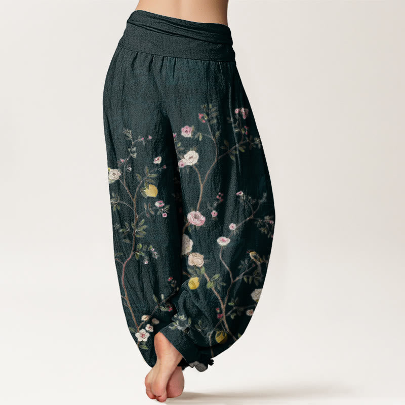 Pantalones harén con cintura elástica para mujer, con diseño de Buddha Stones, flores blancas y rosas, hojas de bambú y frutas. - image 8