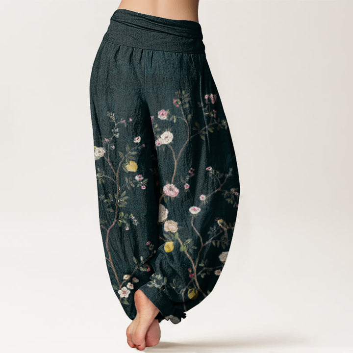 Pantalones harén con cintura elástica para mujer, con diseño de Buddha Stones, flores blancas y rosas, hojas de bambú y frutas. - image 8