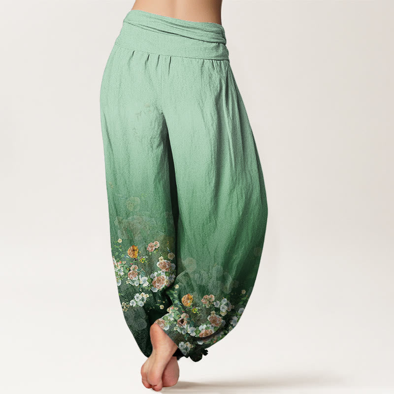 Pantalones bombachos de cintura elástica para mujer con diseño de rosas de colores y piedras de Buddha Stones, de algodón. - image 1