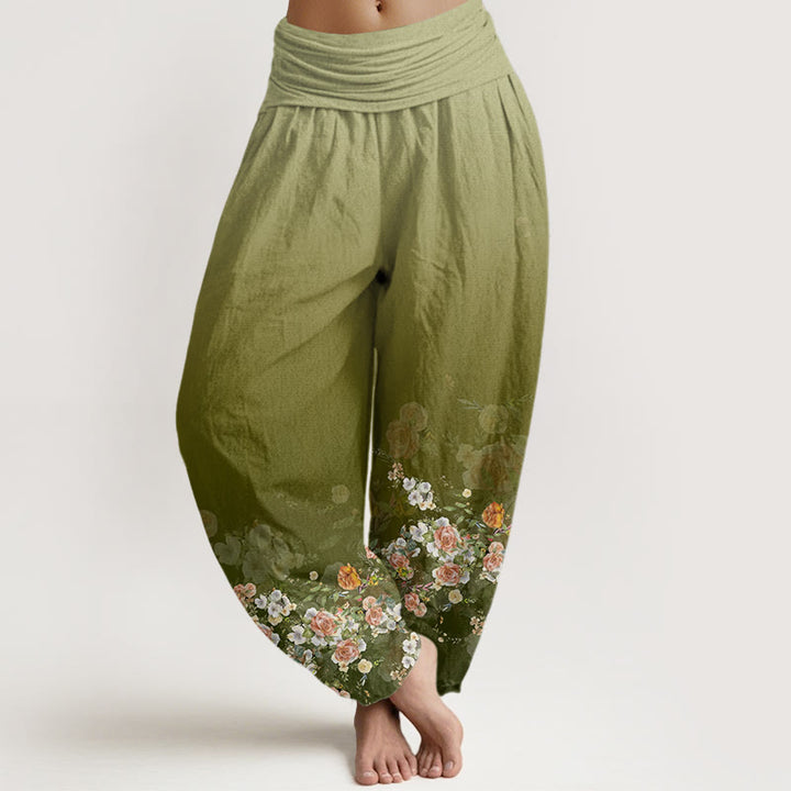 Pantalones harén con cintura elástica para mujer, diseño de rosas coloridas y piedras de Buddha Stones - Verde amarillento - US22，UK/AU26，EU54 (6XL) - image 4