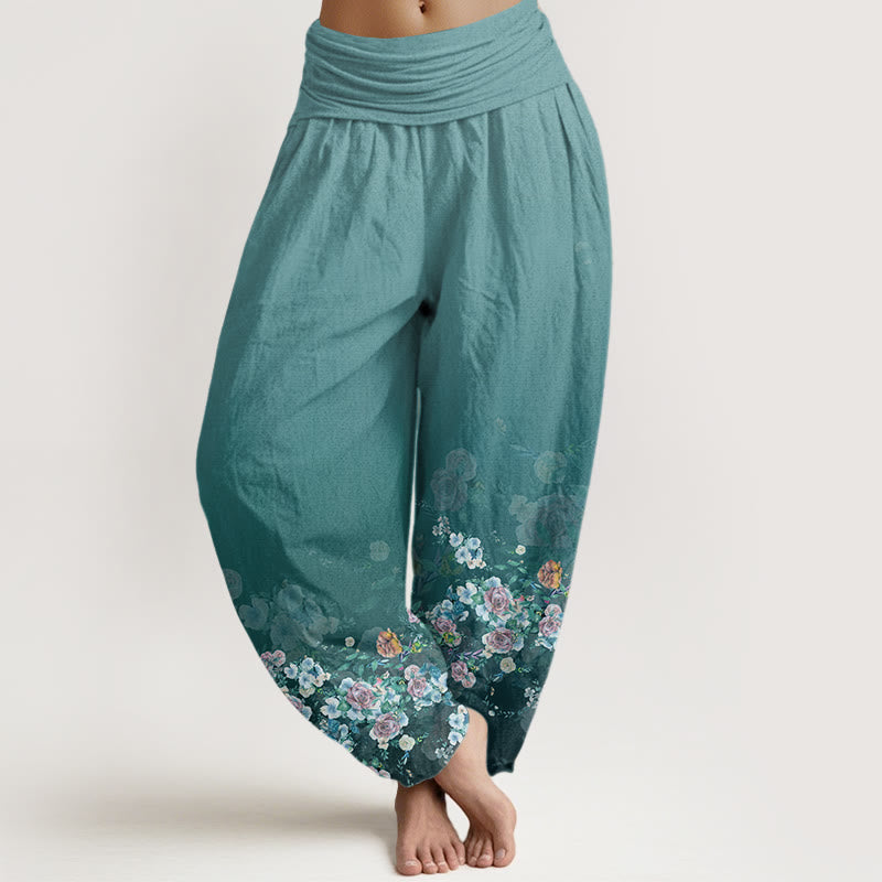Pantalones harén con cintura elástica para mujer, diseño de rosas coloridas y piedras de Buddha Stones - Turquesa medio - US22，UK/AU26，EU54 (6XL) - image 7