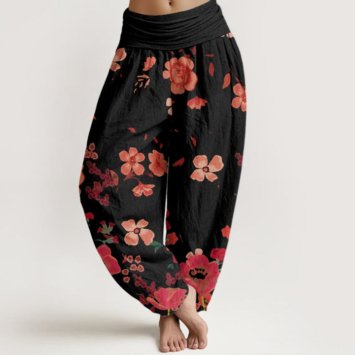 Pantalones harén con cintura elástica para mujer, diseño de amapolas rojas y piedras de Buddha Stones - Negro - US22，UK/AU26，EU54 (6XL) - image 0