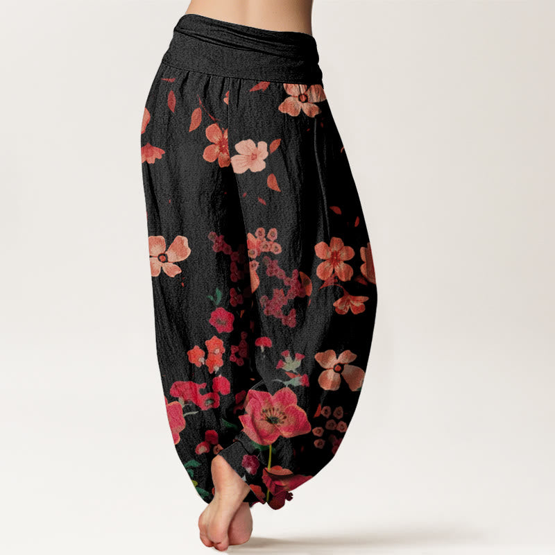 Pantalones bombachos de cintura elástica para mujer con estampado de flores rojas, amapolas comunes y Buddha Stones en algodón. - image 1