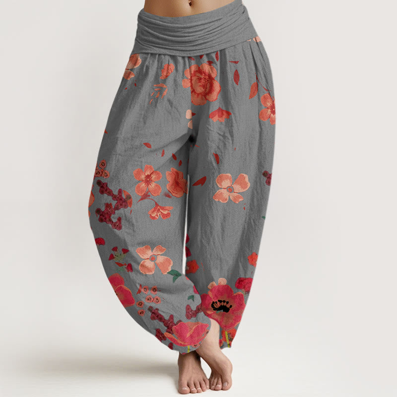 Pantalones harén con cintura elástica para mujer, diseño de amapolas rojas y piedras de Buddha Stones - Gris claro - US22，UK/AU26，EU54 (6XL) - image 5