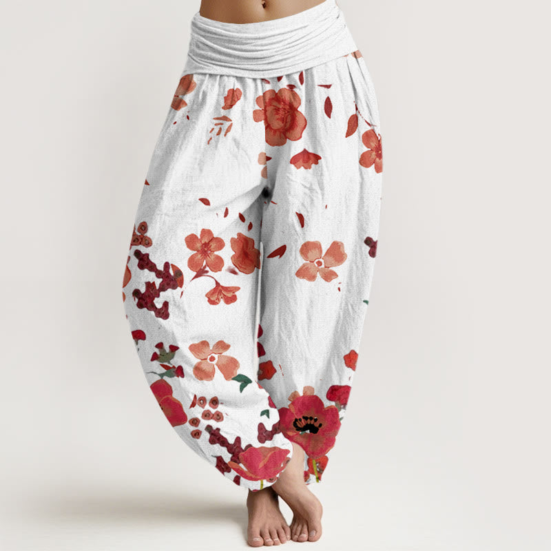 Pantalones harén con cintura elástica para mujer, diseño de amapolas rojas y piedras de Buddha Stones - Beige - US22，UK/AU26，EU54 (6XL) - image 8