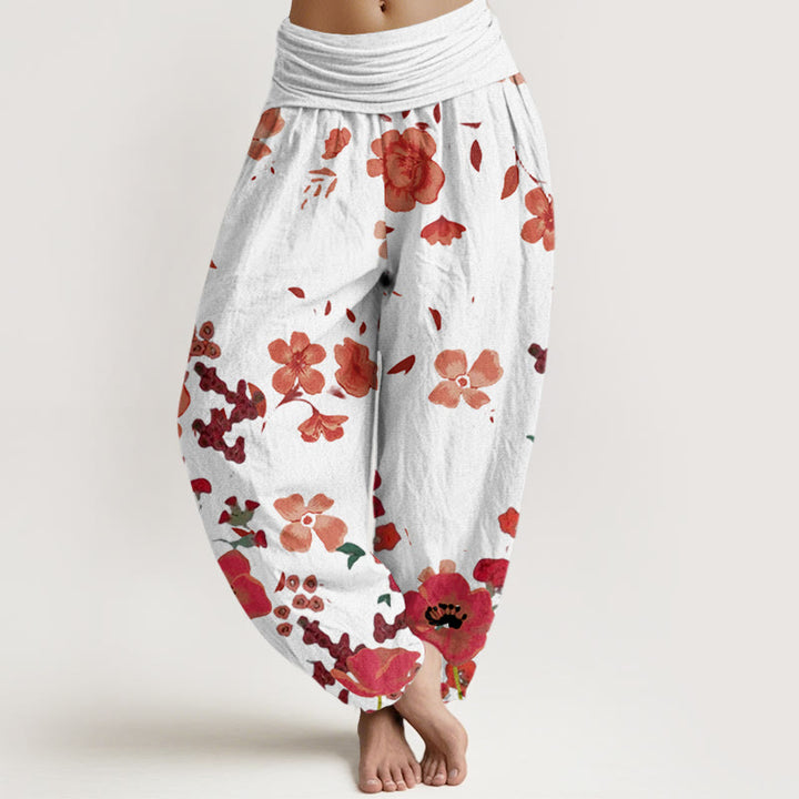 Pantalones harén con cintura elástica para mujer, diseño de amapolas rojas y piedras de Buddha Stones - Beige - US22，UK/AU26，EU54 (6XL) - image 8