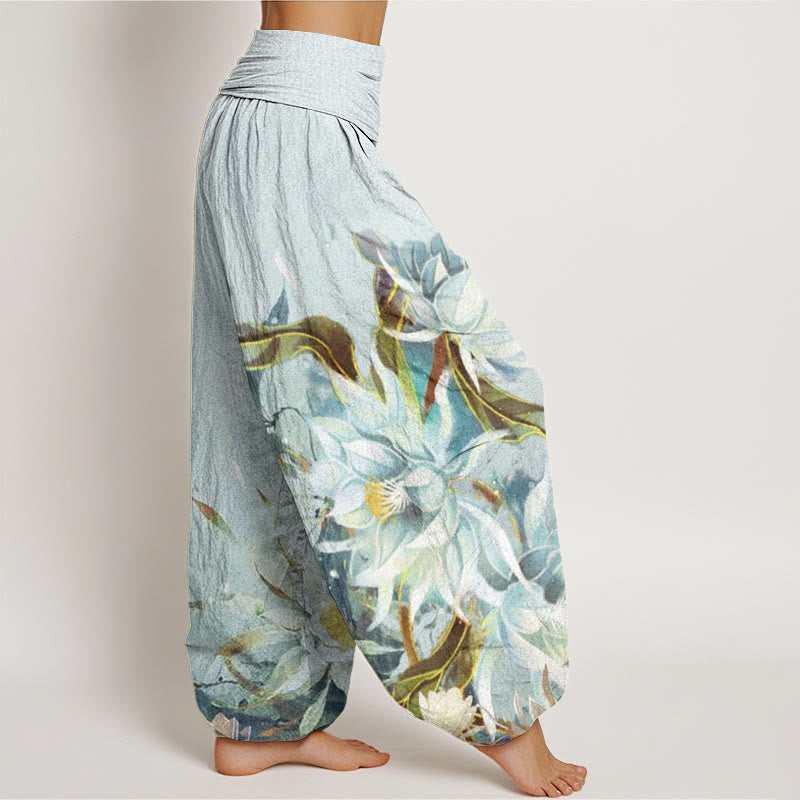 Pantalones harén con cintura elástica para mujer con diseño de flores de epifilo y Buddha Stones - image 2