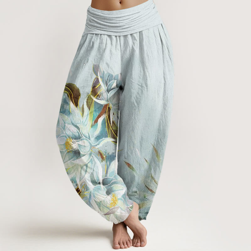 Pantalones harén con cintura elástica para mujer con diseño de flores de epifilo y Buddha Stones - Cian claro - US22，UK/AU26，EU54 (6XL) - image 1