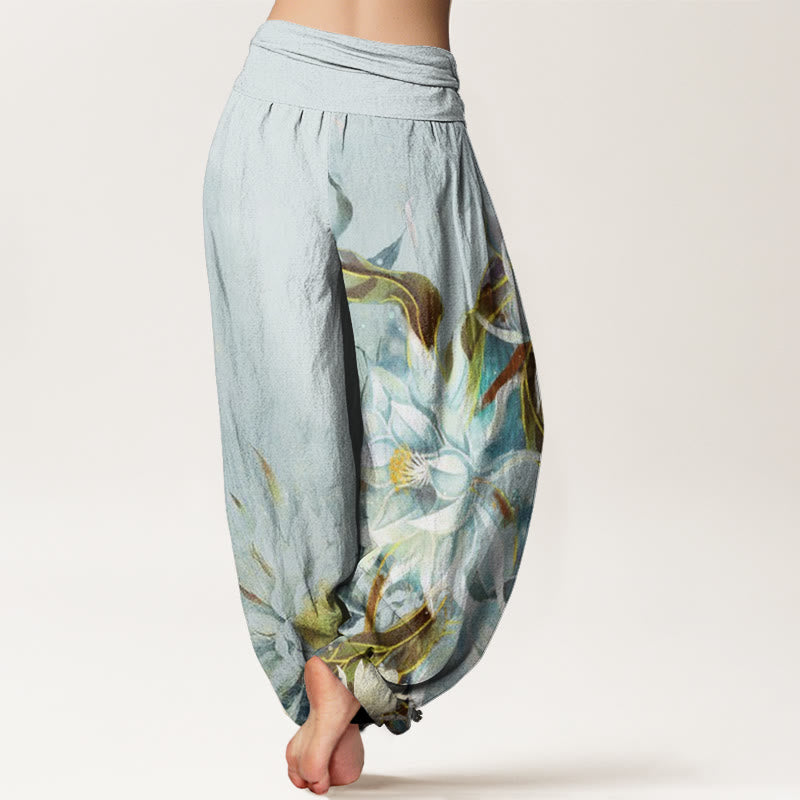 Pantalones harén con cintura elástica para mujer con diseño de flores de epifilo y Buddha Stones - image 1