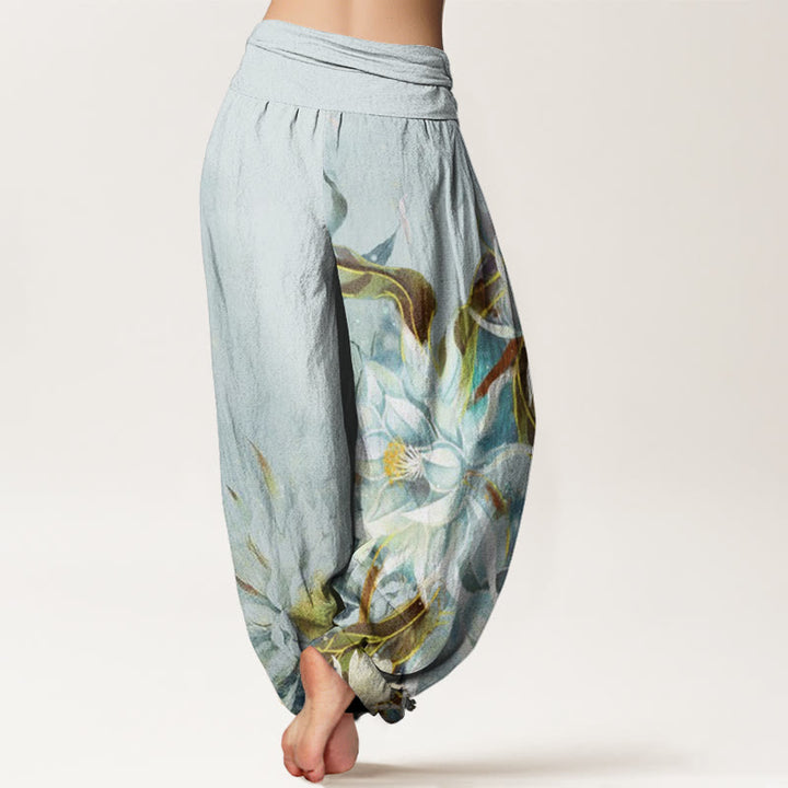 Pantalones harén con cintura elástica para mujer con diseño de flores de epifilo y Buddha Stones - image 1