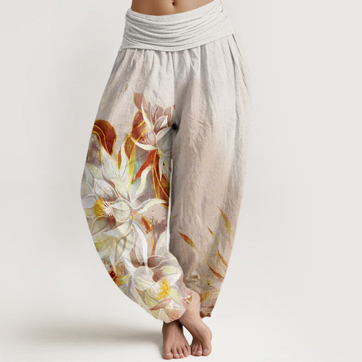 Pantalones harén con cintura elástica para mujer con diseño de flores de epifilo y Buddha Stones - Beige - US22，UK/AU26，EU54 (6XL) - image 5