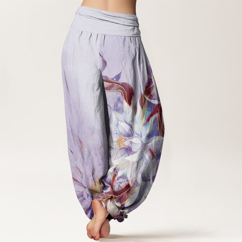 Pantalones harén con cintura elástica para mujer con diseño de flores de epifilo y Buddha Stones - image 9