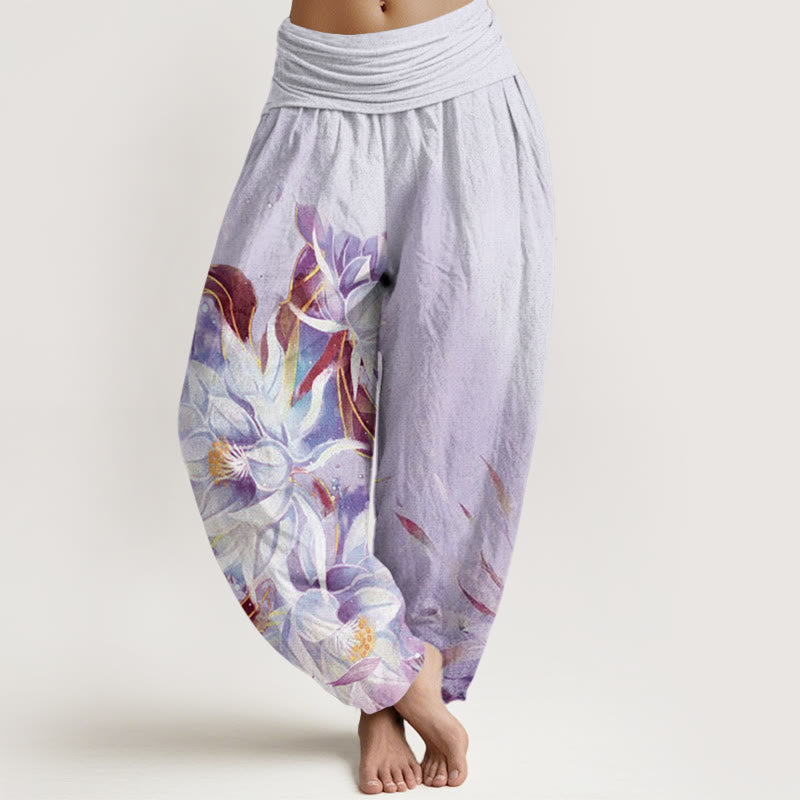 Pantalones harén con cintura elástica para mujer con diseño de flores de epifilo y Buddha Stones - Lavanda - US22，UK/AU26，EU54 (6XL) - image 7