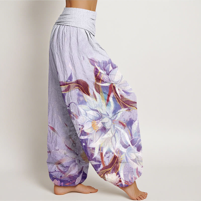 Pantalones harén con cintura elástica para mujer con diseño de flores de epifilo y Buddha Stones - image 10