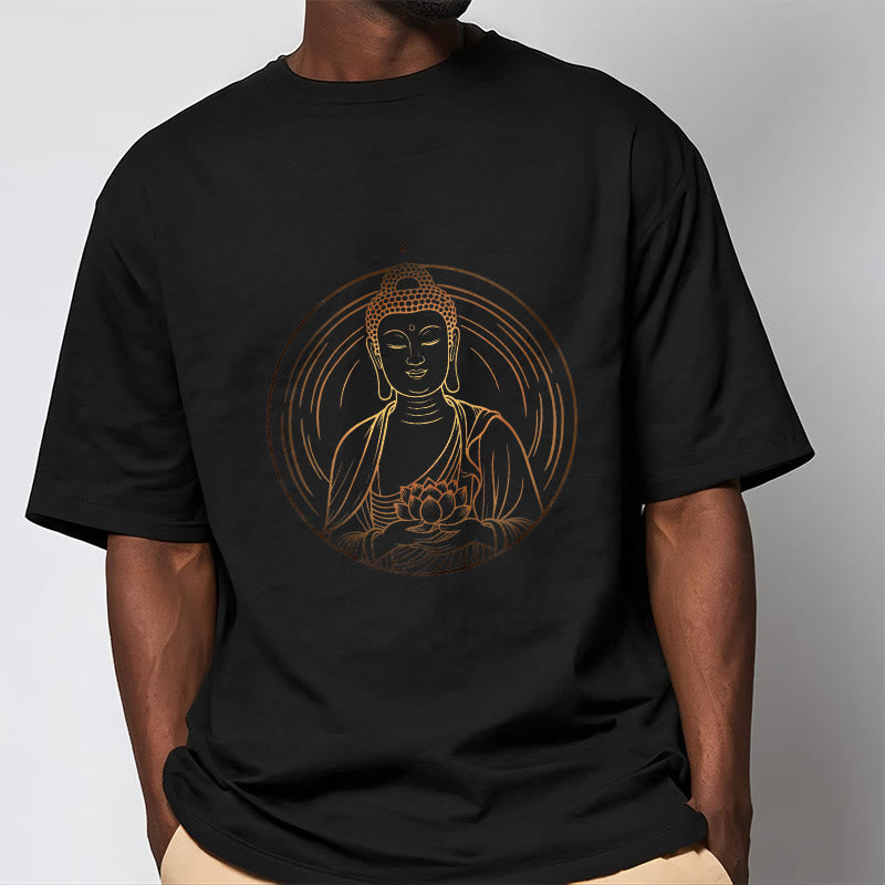 Camiseta con Buddha Stones dorado sosteniendo una flor de loto y piedras de Buda - image 1