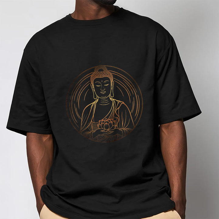 Camiseta con Buddha Stones dorado sosteniendo una flor de loto y piedras de Buda - image 1