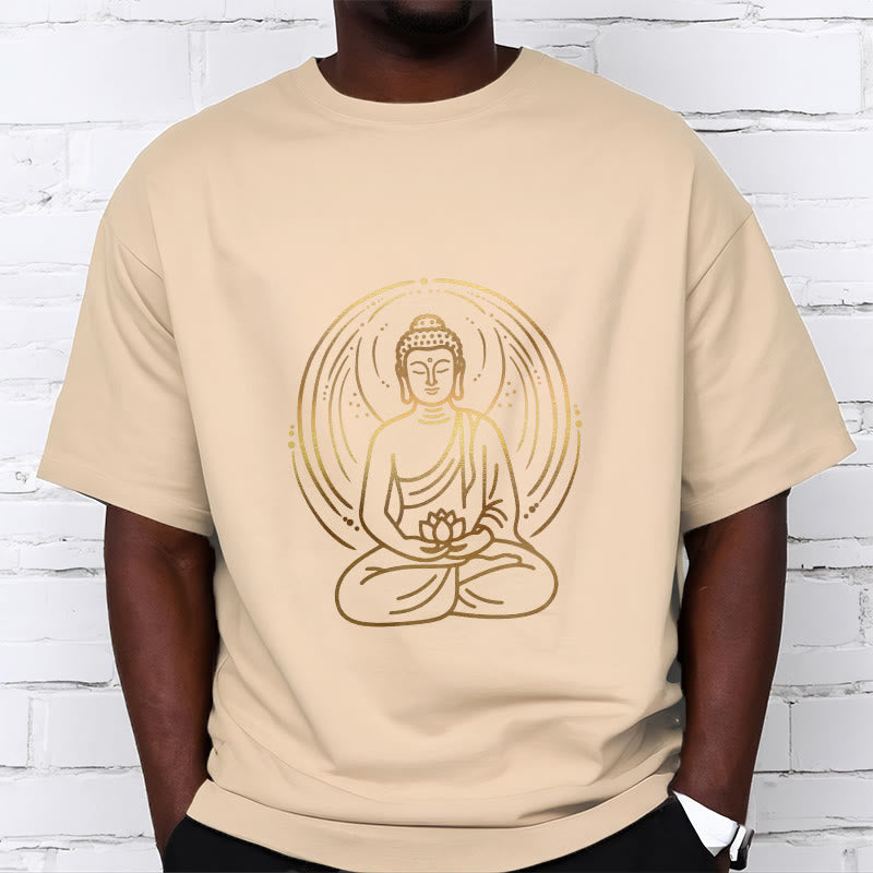 Camiseta con halo de Buda de meditación dorada con Buddha Stones sosteniendo una flor de loto - image 11