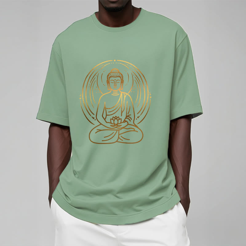 Camiseta con halo de Buda de meditación dorada con Buddha Stones sosteniendo una flor de loto - image 15