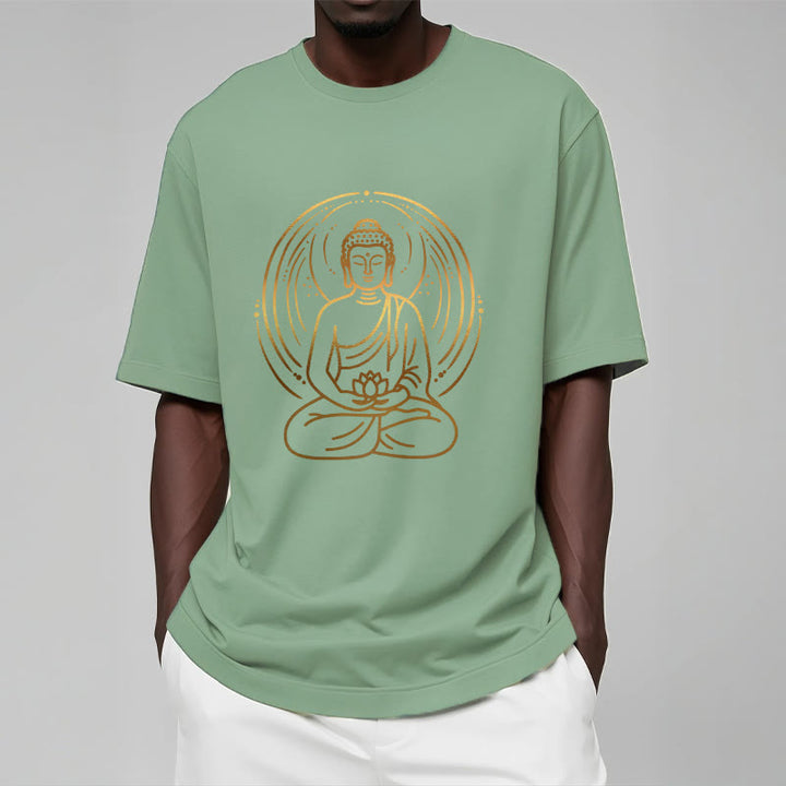 Camiseta con halo de Buda de meditación dorada con Buddha Stones sosteniendo una flor de loto - image 15