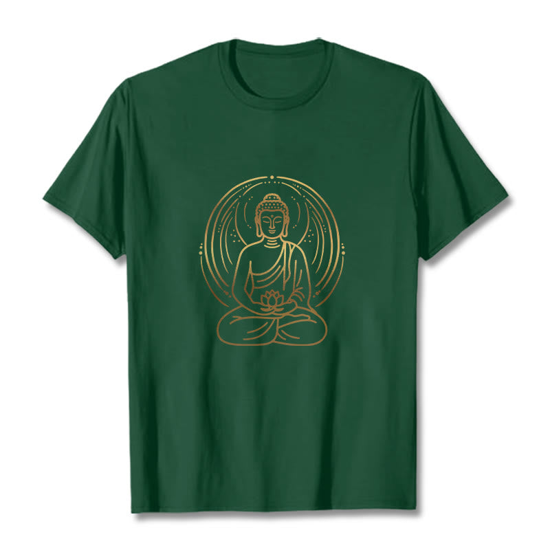 Camiseta con halo de Buda de meditación dorada con Buddha Stones sosteniendo una flor de loto - Verde bosque - 2XL - image 1