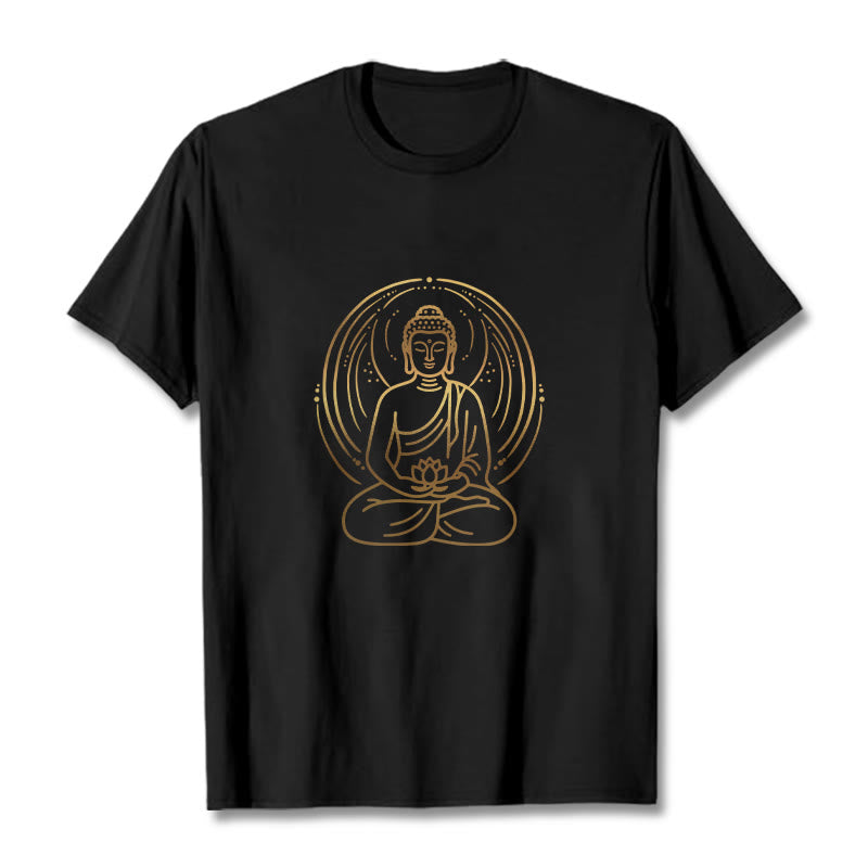 Camiseta con halo de Buda de meditación dorada con Buddha Stones sosteniendo una flor de loto - Negro - 2XL - image 4