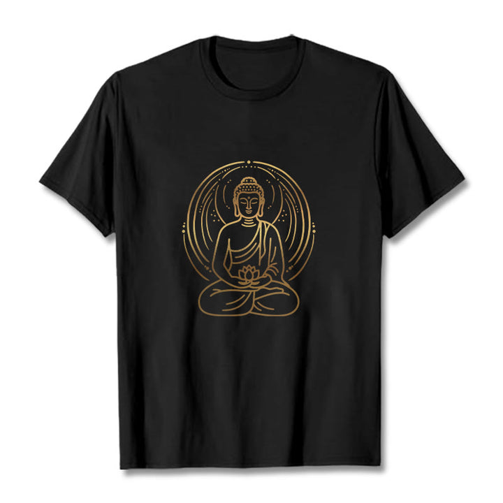 Camiseta con halo de Buda de meditación dorada con Buddha Stones sosteniendo una flor de loto - Negro - 2XL - image 4