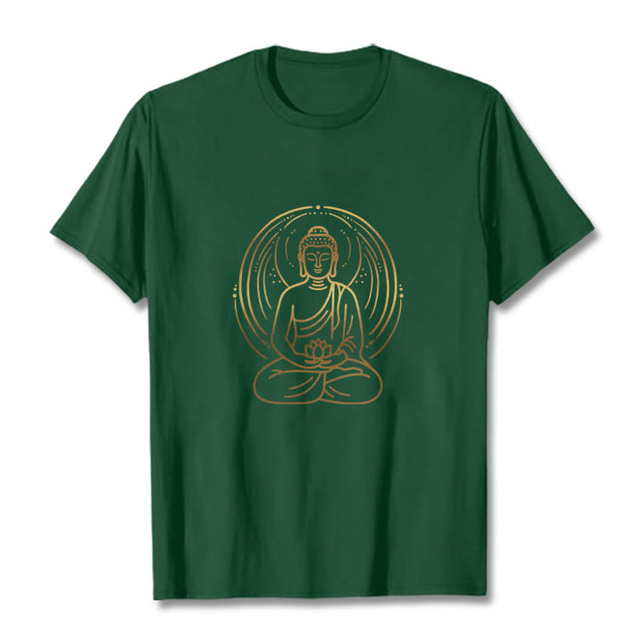 Camiseta con halo de Buda de meditación dorada con Buddha Stones sosteniendo una flor de loto - Verde bosque - 2XL - image 0