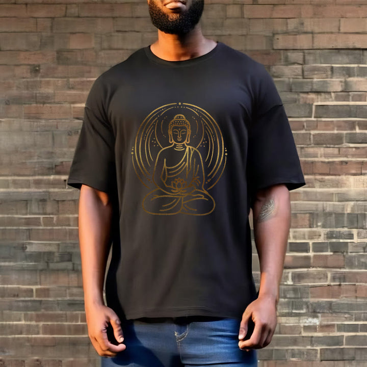 Camiseta con halo de Buda de meditación dorada con Buddha Stones sosteniendo una flor de loto - image 5