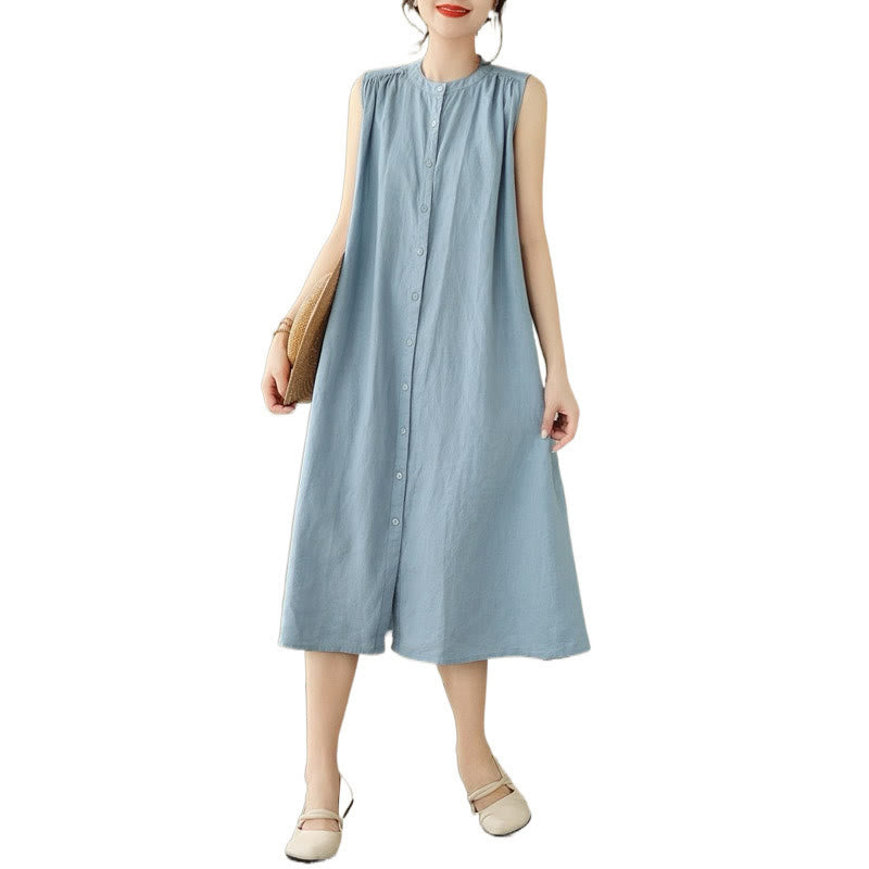 Vestido midi de lino y algodón sin mangas, con diseño plisado, de botonadura sencilla y sencillo de Buddha Stones
