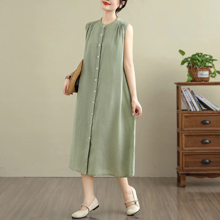 Vestido midi de lino y algodón sin mangas, con diseño plisado, de botonadura sencilla y sencillo de Buddha Stones
