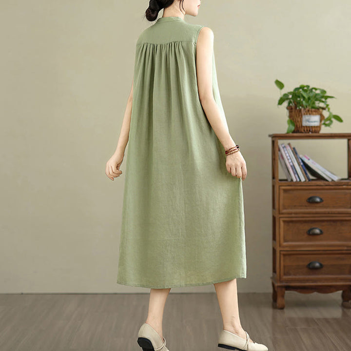 Vestido midi de lino y algodón sin mangas, con diseño plisado, de botonadura sencilla y sencillo de Buddha Stones - image 3