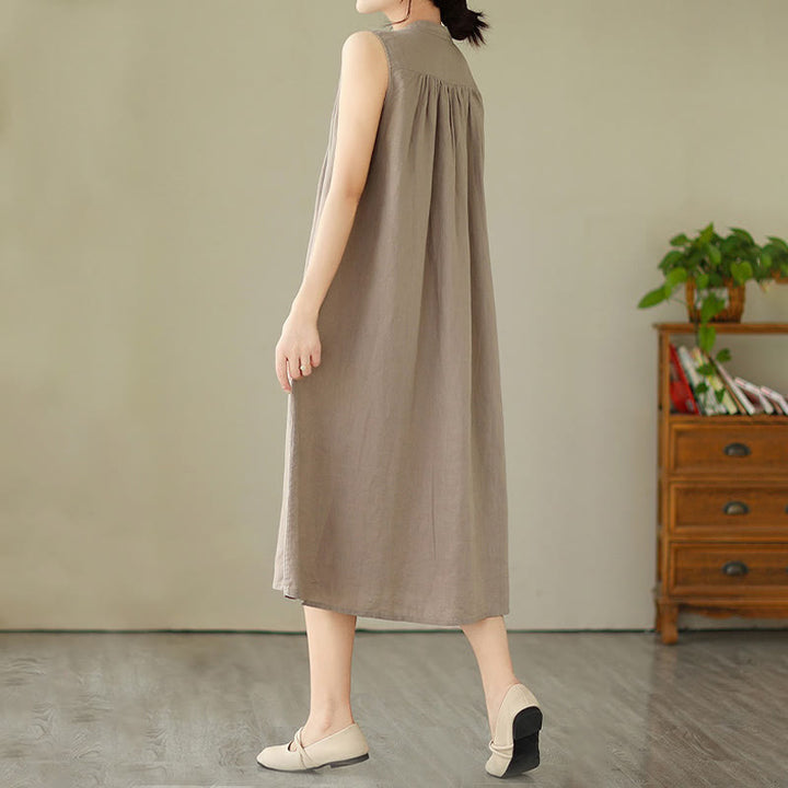 Vestido midi de lino y algodón sin mangas, con diseño plisado, de botonadura sencilla y sencillo de Buddha Stones - image 7
