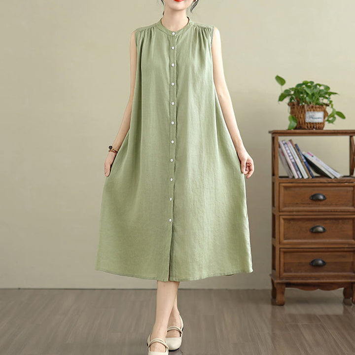 Vestido midi de lino y algodón sin mangas, con diseño plisado, de botonadura sencilla y sencillo de Buddha Stones - image 1